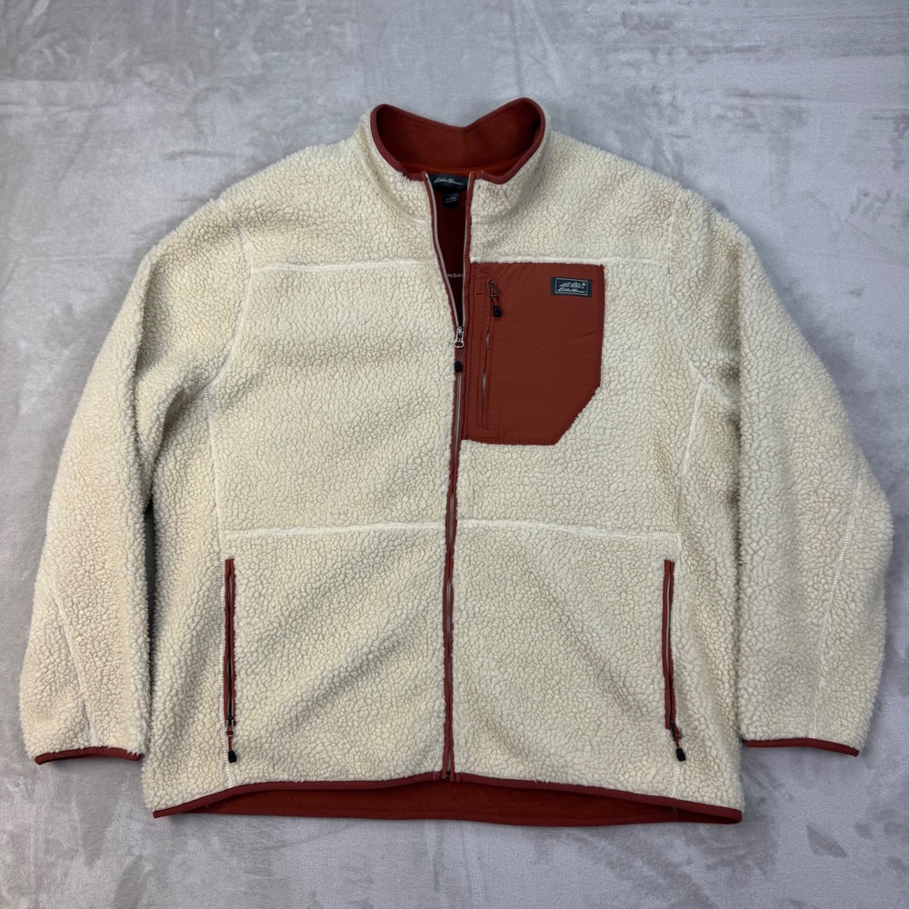Eddie Bauer Chilali Pile Sherpa Fleece Full Zip Jacket Men's XXL Cream Rust